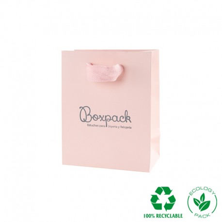 Bolsa de papel eco color rosa cuarzo y personalizada en gris mate para joyeria bisuteria y relojeria E-B-M