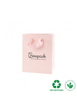 Bolsa de papel eco color rosa cuarzo y personalizada en negro para joyeria bisuteria y relojeria E-B-M