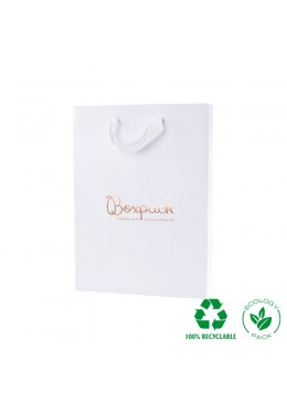 Bolsa de papel eco color blanco y personalizada en oro rosa para joyeria bisuteria y relojeria E-B-L