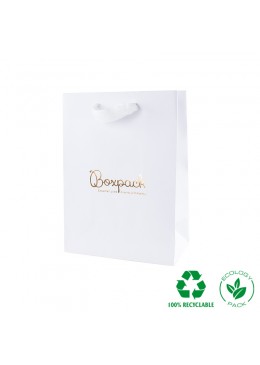 Bolsa de papel eco color blanco y personalizada en oro para joyeria bisuteria y relojeria E-B-L