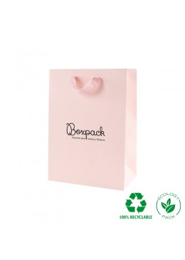 Bolsa de papel eco color rosa cuarzo y personalizada en negro para joyeria bisuteria y relojeria E-B-L