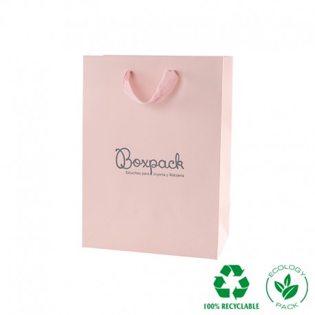 Bolsa de papel eco color rosa cuarzo y personalizada en gris mate para joyeria bisuteria y relojeria E-B-L