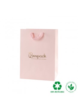 Bolsa de papel eco color rosa cuarzo y personalizada en oro para joyeria bisuteria y relojeria E-B-L