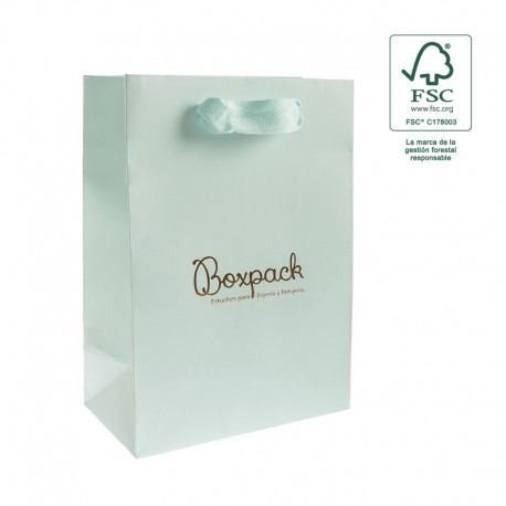 Bolsa de papel ecologica FSC aguamarina para joyeria bisuteria y relojeria FE-B-L-A