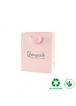 Bolsa de papel eco color rosa cuarzo y personalizada en gris mate para joyeria bisuteria y relojeria E-B-M