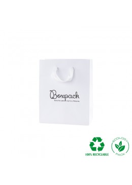 Bolsa de papel eco color blanco y personalizada en negro para joyeria bisuteria y relojeria E-B-M