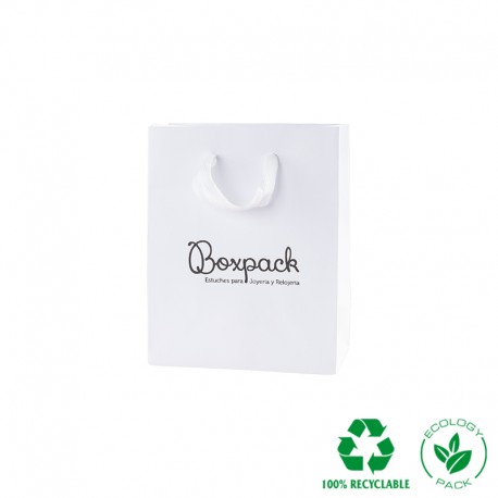 Bolsa de papel eco color blanco y personalizada en negro para joyeria bisuteria y relojeria E-B-M