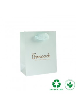 Bolsa de papel eco color aguamarina y personalizada en oro brillo para joyería bisutería y relojería E-B-M