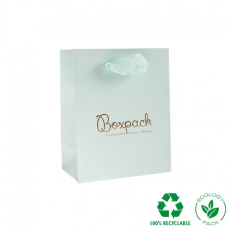 Bolsa de papel eco color aguamarina y personalizada en oro brillo para joyería bisutería y relojería E-B-M