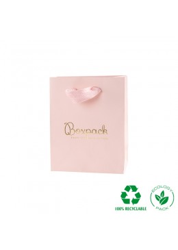 Bolsa de papel eco color rosa cuarzo y personalizada en oro para joyería bisutería y relojería E-B-M