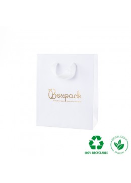 Bolsa de papel eco color blanco y personalizada en oro para joyeria bisuteria y relojeria E-B-M