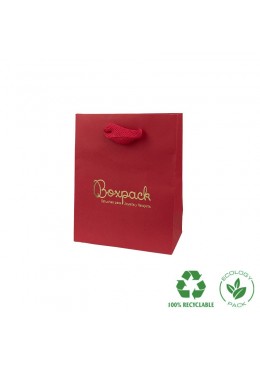 Bolsa de papel eco color rojo y personalizada en oro para joyeria bisuteria y relojeria E-B-M