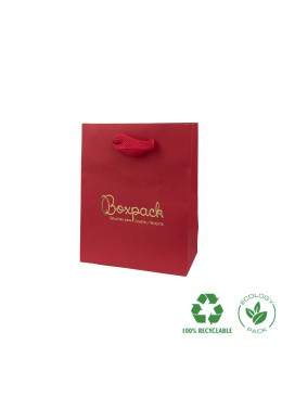 Bolsa de papel eco color rojo y personalizada en oro para joyeria bisuteria y relojeria E-B-M