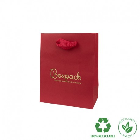 Bolsa de papel eco color rojo y personalizada en oro para joyeria bisuteria y relojeria E-B-M