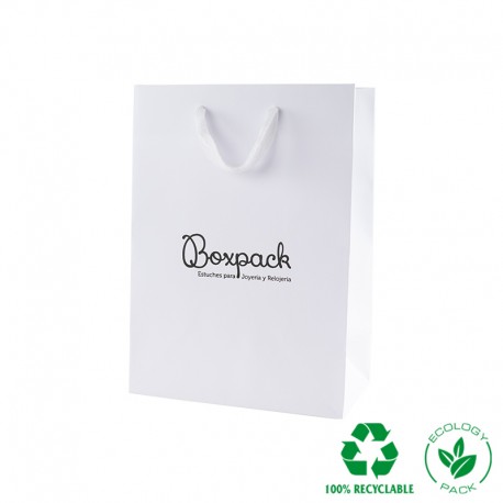 Bolsa de papel eco color blanco y personalizada en negro para joyeria bisuteria y relojeria E-B-L