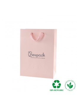 Bolsa de papel eco color rosa cuarzo y personalizada en gris mate para joyeria bisuteria y relojeria E-B-L