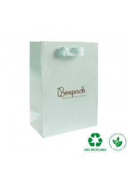 Bolsa de papel eco color aguamarina y personalizada en oro brillo para joyeria bisuteria y relojeria E-B-L