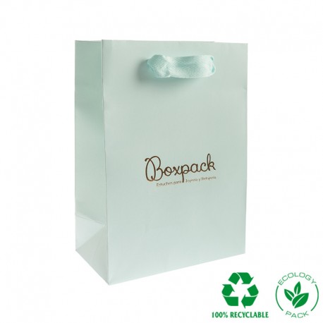 Bolsa de papel eco color aguamarina y personalizada en oro brillo para joyeria bisuteria y relojeria E-B-L