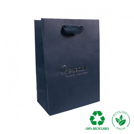 Bolsa de papel eco color rosa cuarzo y personalizada en gris mate para joyeria bisuteria y relojeria E-B-L