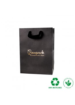 Bolsa de papel eco color rosa cuarzo y personalizada en gris mate para joyeria bisuteria y relojeria E-B-L