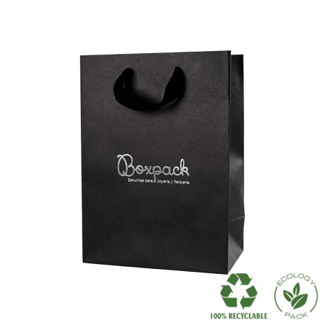 Bolsa de papel eco color negro y personalizada en plata brillo para joyeria bisuteria y relojeria E-B-L