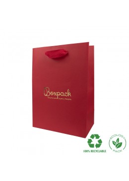 Bolsa de papel eco color rojo y personalizada en oro brillo para joyeria bisuteria y relojeria E-B-L