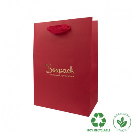 Bolsa de papel eco color rojo y personalizada en oro brillo para joyeria bisuteria y relojeria E-B-L