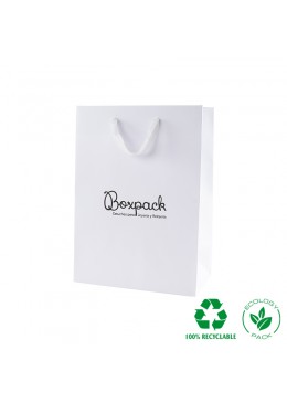 Bolsa de papel eco color blanco y personalizada en negro para joyeria bisuteria y relojeria E-B-L