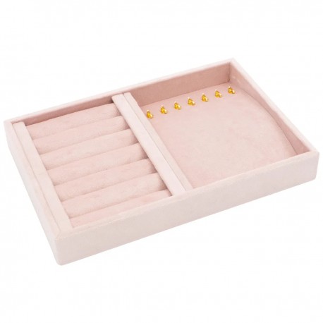 Bandeja forrada en velvet rosa para anillos y collares de joyeria bisuteria y joyas