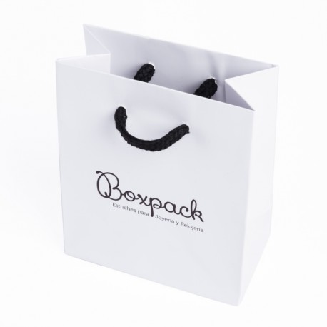 Bolsa de papel mate blanca asa negra para joyeria bisuteria y relojeria B-M