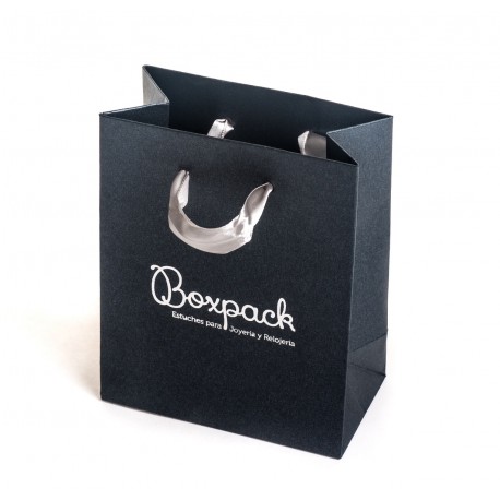 Bolsa gris de papel con asa de cinta de raso para joyeria bisuteria y relojeria BQ-M
