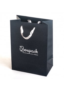 Bolsa gris de papel con asa de cinta de raso para joyeria bisuteria y relojeria BQ-M