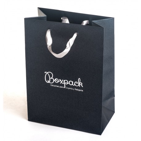 Bolsa gris de papel con asa de cinta de raso para joyeria bisuteria y relojeria BQ-M