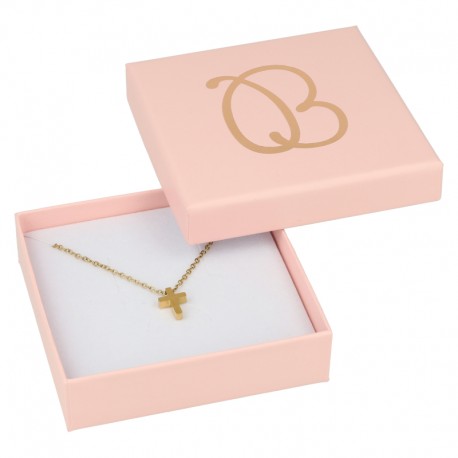 Caja de cartón rosa para juego de sortija, pendientes y colgante de joyería y bisutería rs-80