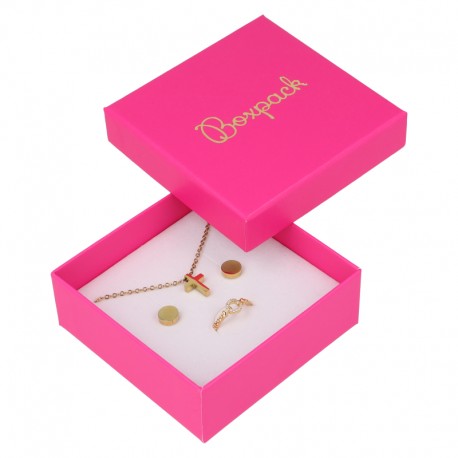 Caja de cartón fucsia para conjunto de sortija, pendientes y colgante de joyería y bisutería FX-81