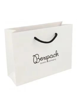 Bolsa de papel mate blanca asa negra para joyeria bisuteria y relojeria 200X150X70 mm. B-MA-B-N 