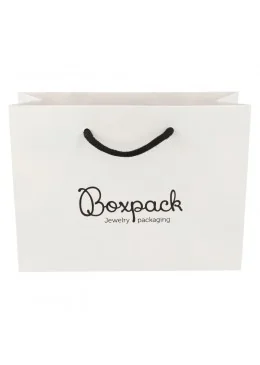 Bolsa de papel mate blanca asa negra para joyeria, bisuteriay relojeria de 200X150X70 mm. B-MA-B-N