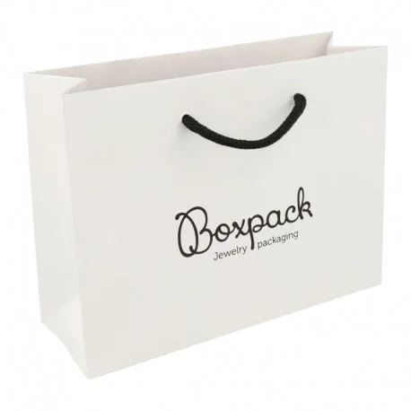 Bolsa de papel mate blanca asa negra para joyeria, bisuteriay relojeria de 200X150X70 mm. B-MA-B-N