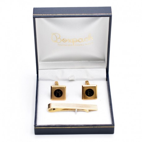 Estuche azul forrado de imitacion piel para juego de gemelos y sujeta corbata de joyeria bisuteria y joyas J-09-GS-A